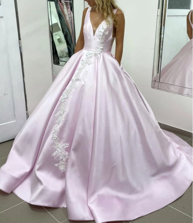 Pink V Neck Satin Lace Long Prom Dress Pink Lace Evening Dress