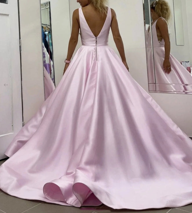 Pink V Neck Satin Lace Long Prom Dress Pink Lace Evening Dress