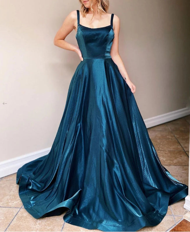 Simple Backless Satin Blue Long Prom Dress Blue Evening Dress