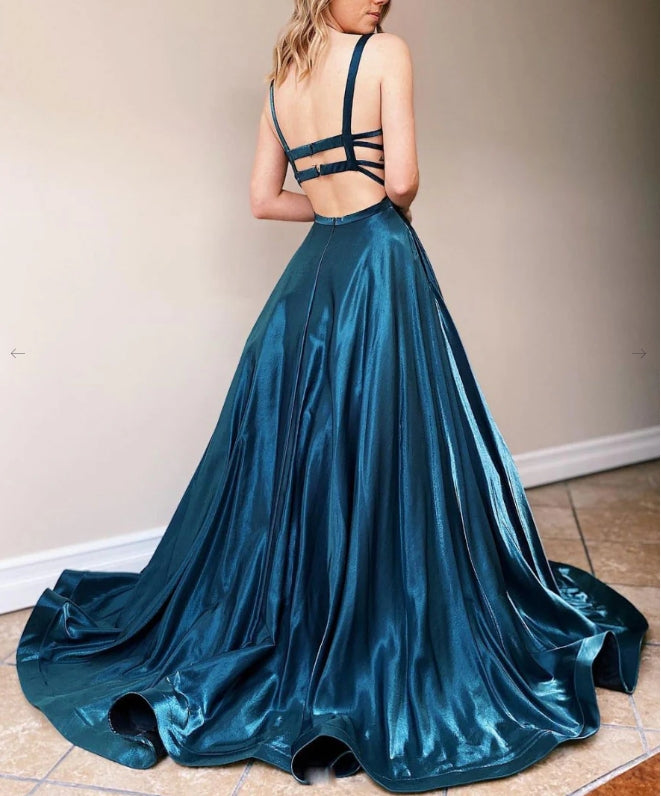 Simple Backless Satin Blue Long Prom Dress Blue Evening Dress