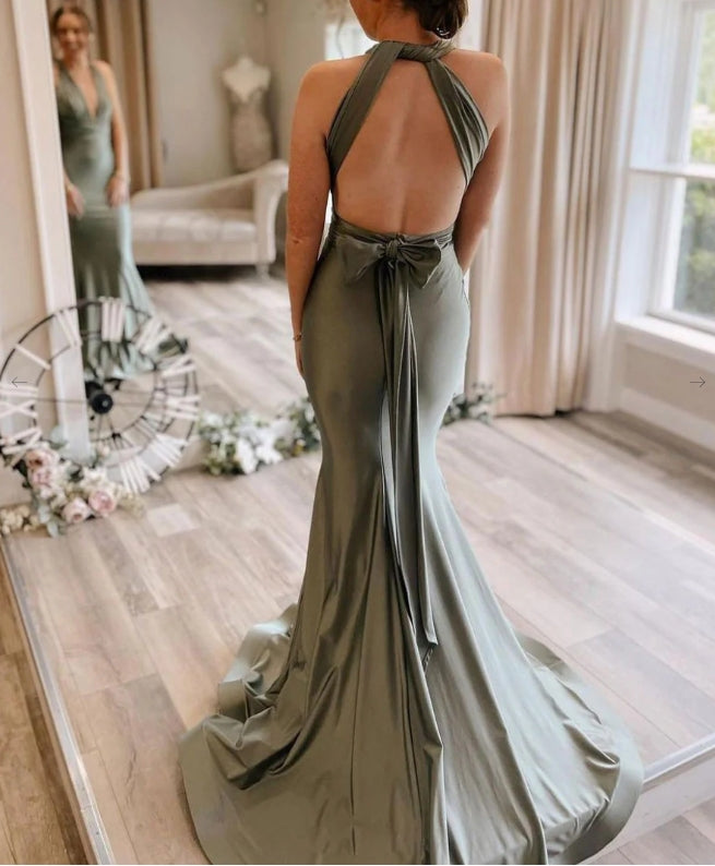 Gray Green Satin Mermaid Long Prom Dress Gray Green Evening Dress