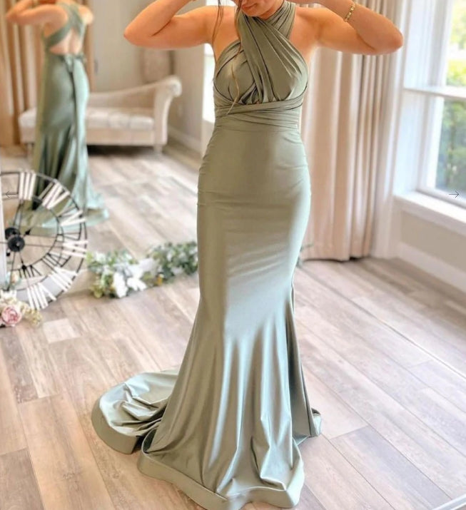 Gray Green Satin Mermaid Long Prom Dress Gray Green Evening Dress