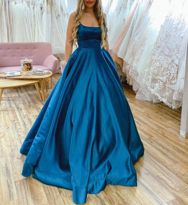 Simple Blue Satin Backless Long Prom Dress Blue Evening Dress