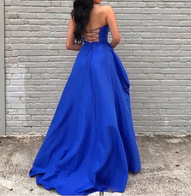 Simple Blue Satin Long Prom Dress Blue Evening Dress