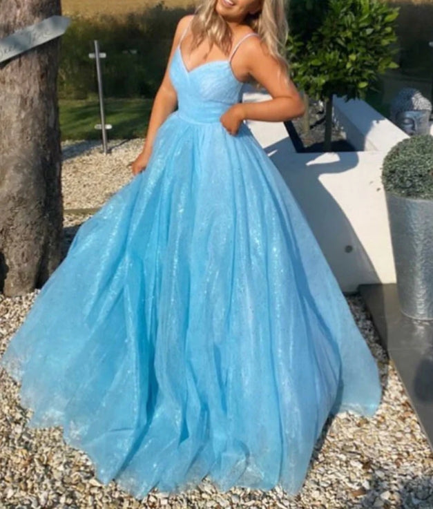 Simple V Neck Blue Tulle Sequin Long Prom Dress Blue Evening Dress
