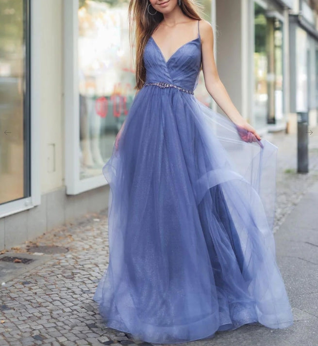 Blue V Neck Tulle Long Prom Dress Blue Tulle Evening Dress