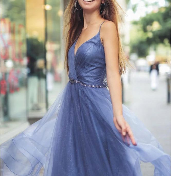 Blue V Neck Tulle Long Prom Dress Blue Tulle Evening Dress