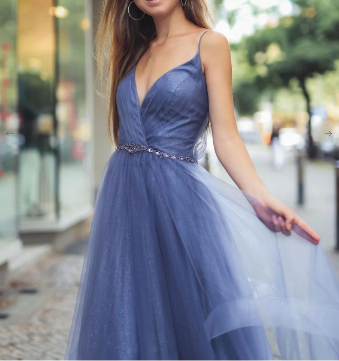 Blue V Neck Tulle Long Prom Dress Blue Tulle Evening Dress