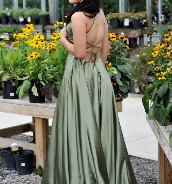 Simple Green Satin Long Prom Dress Green Evening Dress