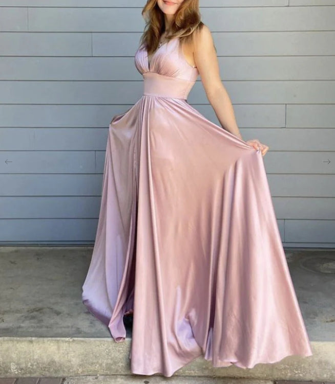 Simple Pink Satin Long Prom Dress Pink Evening Dress