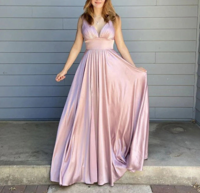 Simple Pink Satin Long Prom Dress Pink Evening Dress