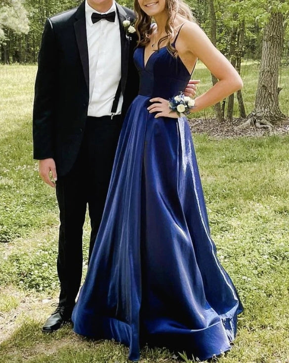 Simple Blue V Neck Satin Long Prom Dress Blue Formal Evening Dress