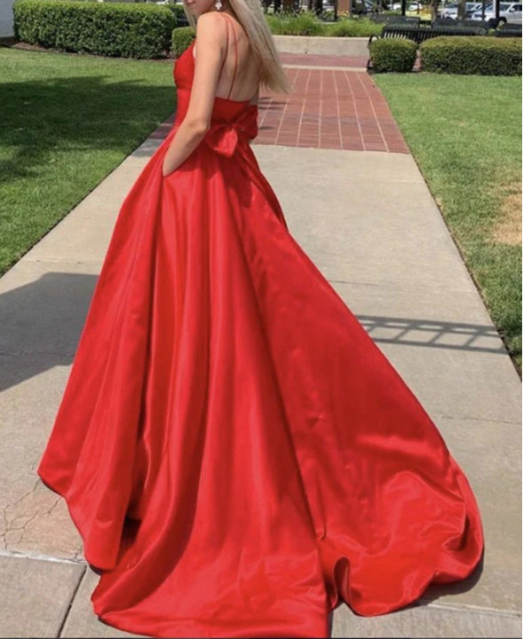 Red V Neck Satin Long Prom Dress Red Satin Evening Dress