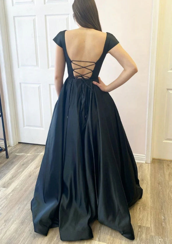 Simple Black Satin Long Prom Dress Black Satin Evening Dress