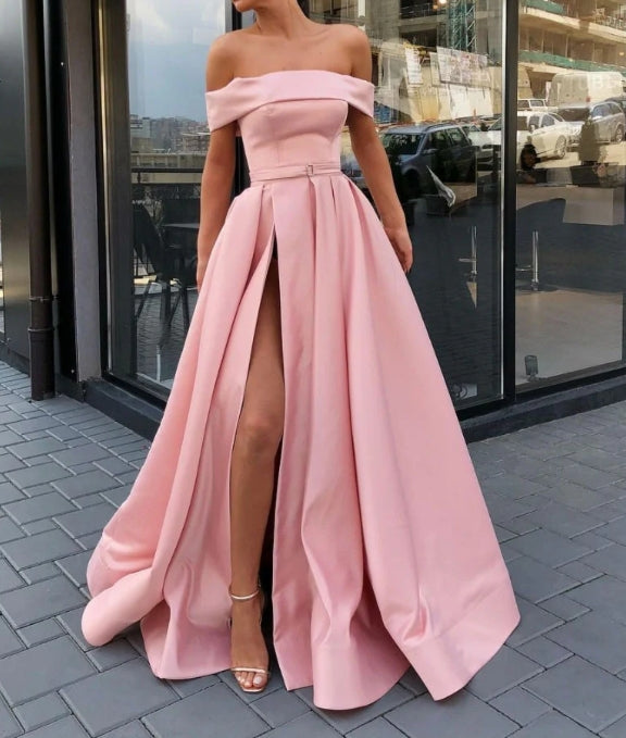 Simple Pink Off Shoulder Satin Long Prom Dress Pink Formal Evening Dresses