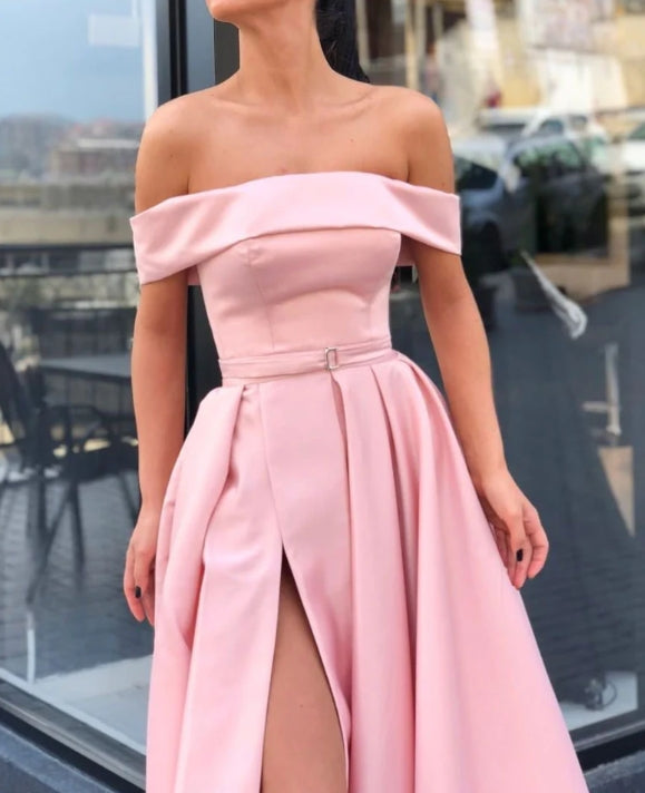 Simple Pink Off Shoulder Satin Long Prom Dress Pink Formal Evening Dresses