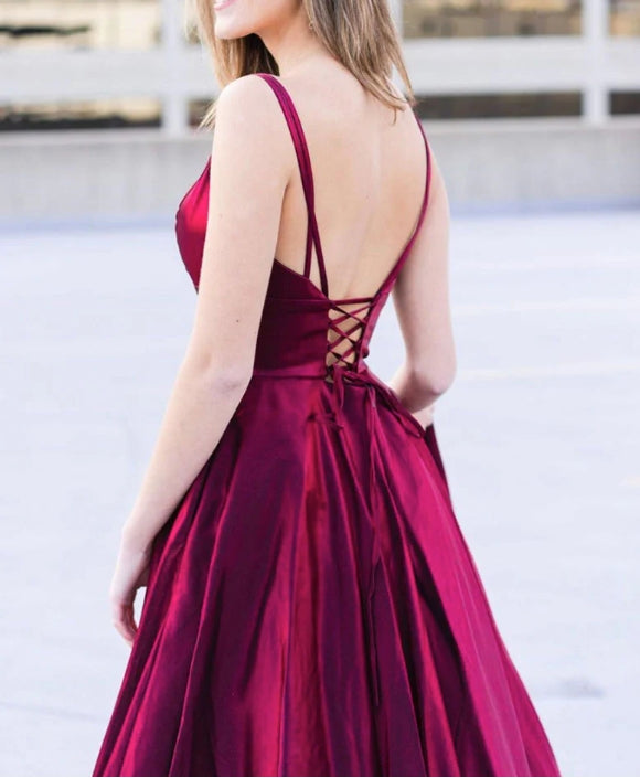 Simple Burgundy Satin Long Prom Dress Burgundy Formal Evening Dresses