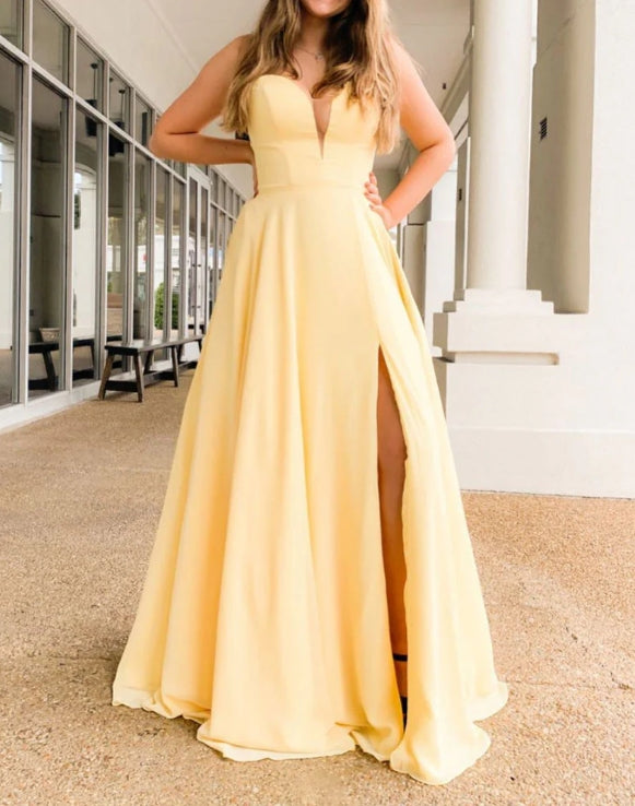 Simple Yellow Satin Long Prom Dress Yellow Formal Evening Dresses