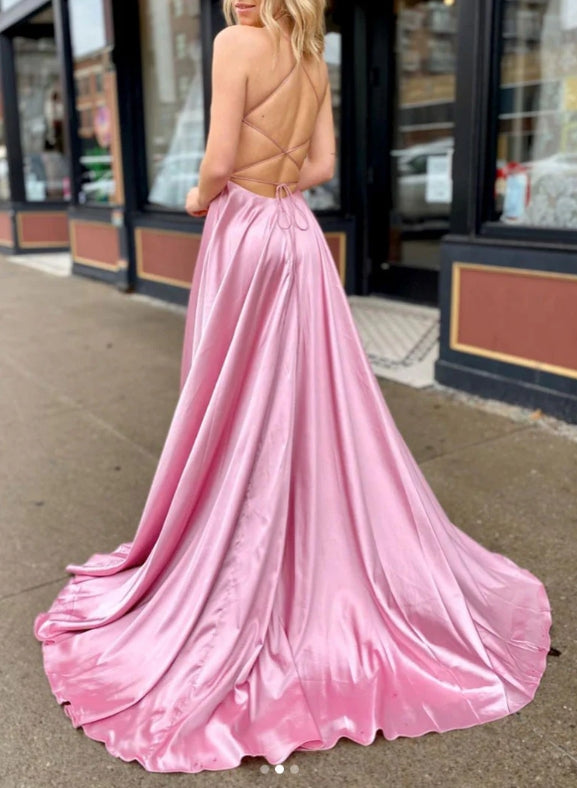 Simple V Neck Satin Long Prom Dress Pink Long Evening Dress