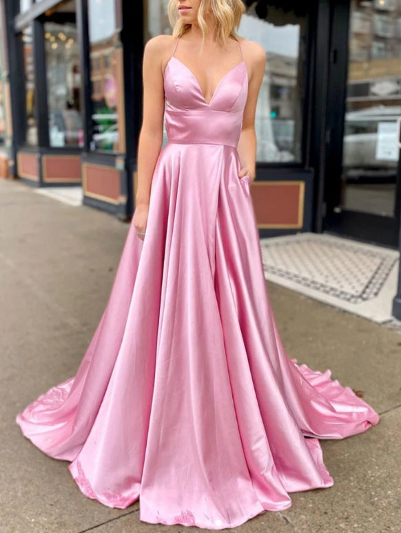 Simple V Neck Satin Long Prom Dress Pink Long Evening Dress