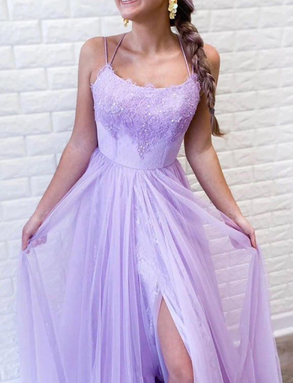 Purple Tulle Lace Long Prom Dress Purple Formal Evening Dresses