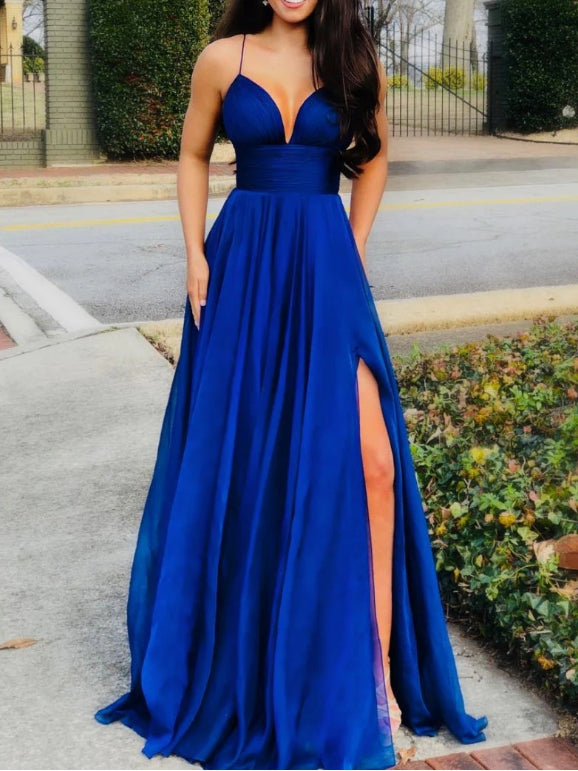 Simple Blue Sweetheart Chiffon Long Prom Dress Blue Formal Evening Dresses