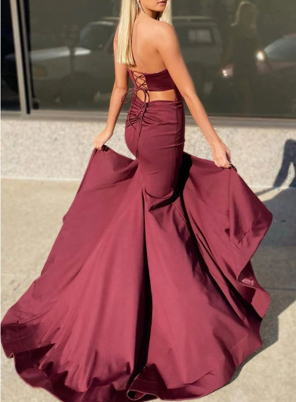 Unique Burgundy Satin Long Prom Dress Burgundy Formal Evening Dress