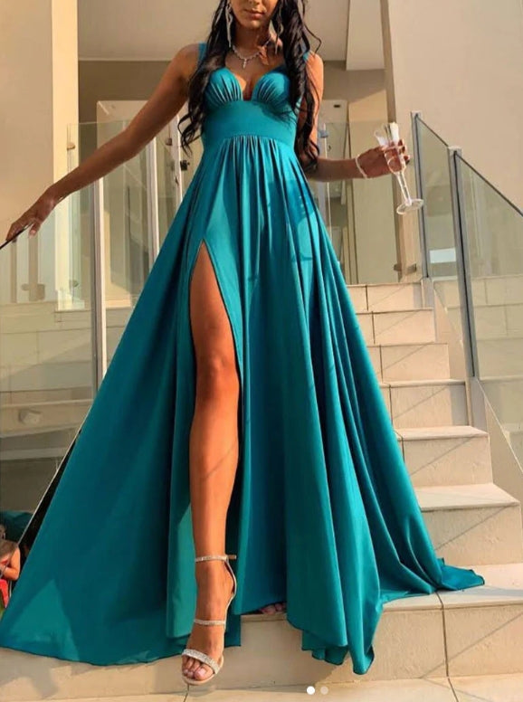 Simple V Neck Green Long Prom Dress Green Evening Dress