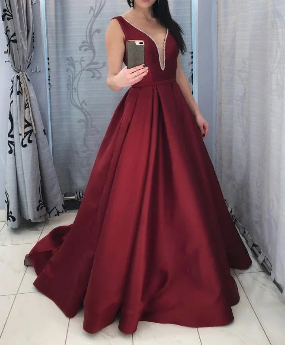 Burgundy V Neck Satin Long Prom Dress Burgundy Satin Evening Dress