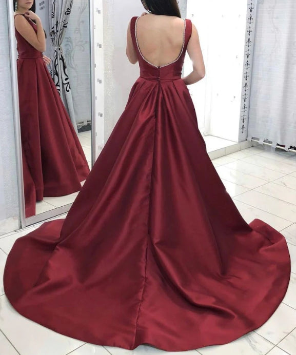 Burgundy V Neck Satin Long Prom Dress Burgundy Satin Evening Dress