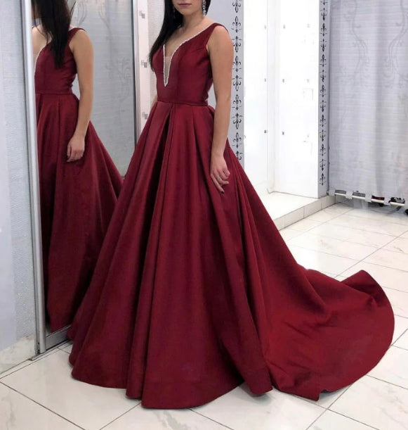 Burgundy V Neck Satin Long Prom Dress Burgundy Satin Evening Dress