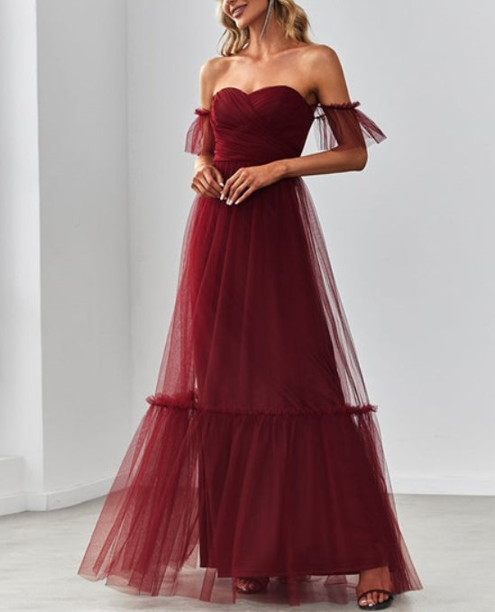 Burgundy Strapless A Line Ruffles Sleeves Wholesale Evening Dresses