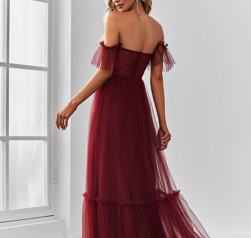 Burgundy Strapless A Line Ruffles Sleeves Wholesale Evening Dresses