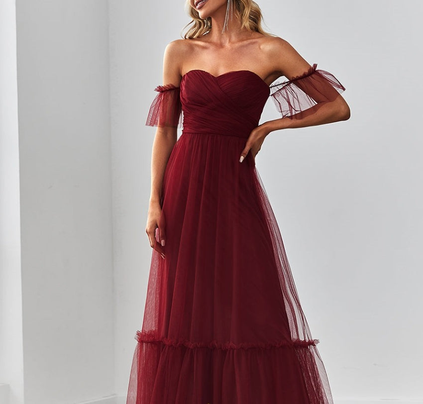 Burgundy Strapless A Line Ruffles Sleeves Wholesale Evening Dresses
