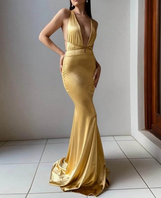 Yellow Sheath/Column V-Neck Backless Evening Dresses With Strappy Back
