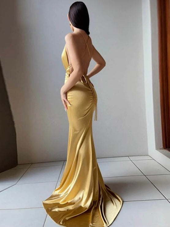 Yellow Sheath/Column V-Neck Backless Evening Dresses With Strappy Back