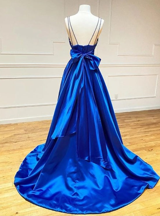 Royal Blue A-Line Satin Bowknot V-Neck Spaghetti Straps Evening Dresses