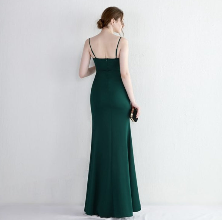 Emerald Green Long Ruched Bodice Spaghetti Straps Split Front Evening Dresses
