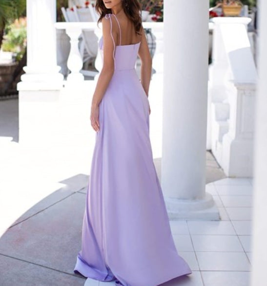 Lavender A-Line Spaghetti Straps Floor Length Split Front Prom Dresses