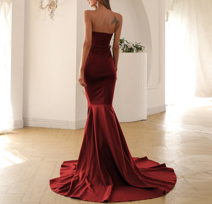 Burgundy Sweetheart Strapless Mermaid Floor Length Split Front Evening Gown