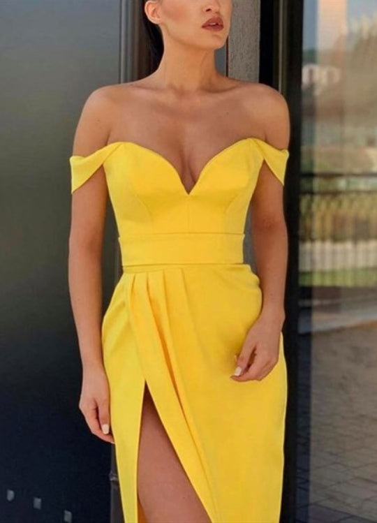 Yellow Off The Shoulder Pleated Long Evening Dress With Slits On The Side