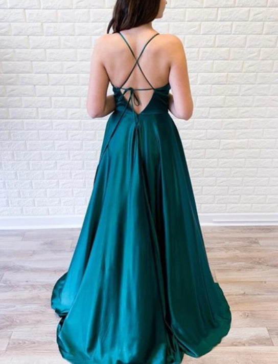 Hunter Green V Neck Empire Waist Spaghetti Strap Backless Evening Dresses