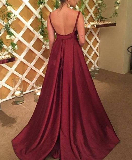 Burgundy V Neck Spaghetti Strap Sleeveless Satin Backless Evening Dresses
