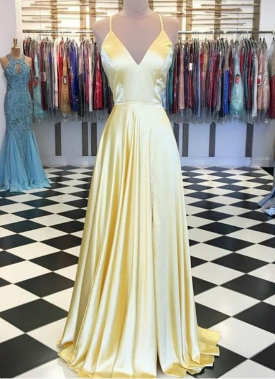 Yellow A-Line V Neck Spaghetti Strap Long Evening Dress With Back Cut Out