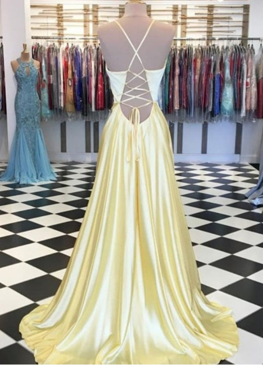 Yellow A-Line V Neck Spaghetti Strap Long Evening Dress With Back Cut Out