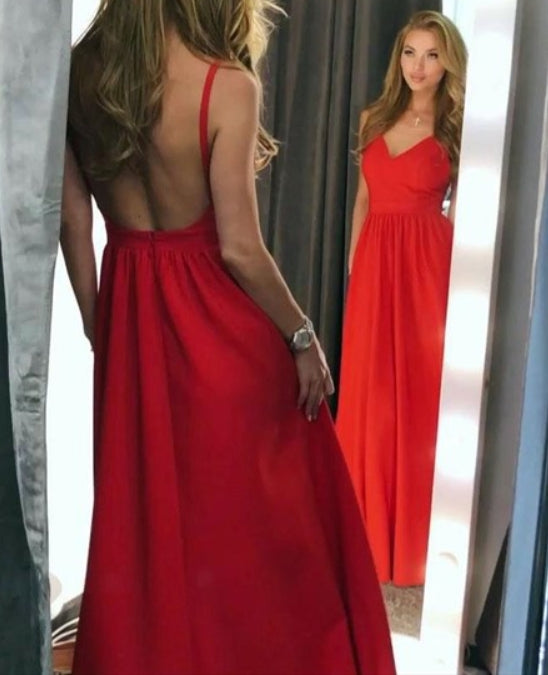 Gorgeous V Neck Spaghetti Strap Long Red Evening Dresses With Open Back