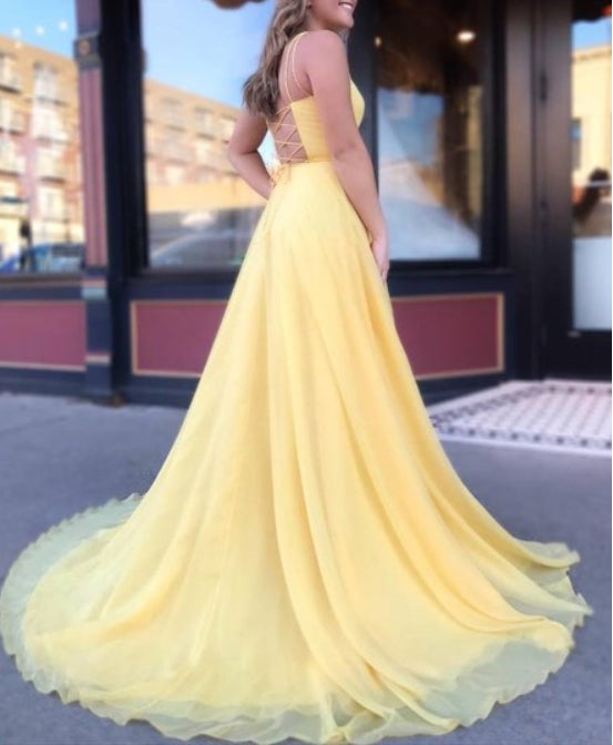 Yellow A-Line Chiffon Double Strap Evening Dress With Strappy Corset Back