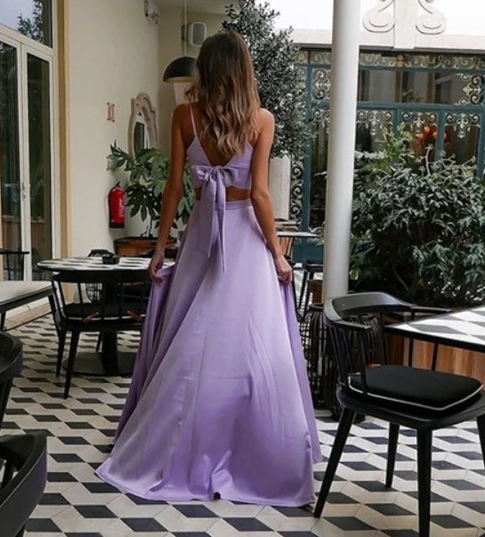 Two Piece Spaghetti Straps Split Front Satin Evening Dresses With Bowknot