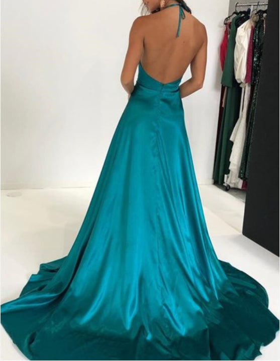 Turquoise Halter Neck Deep V Neck Satin Long Evening Dress With Split