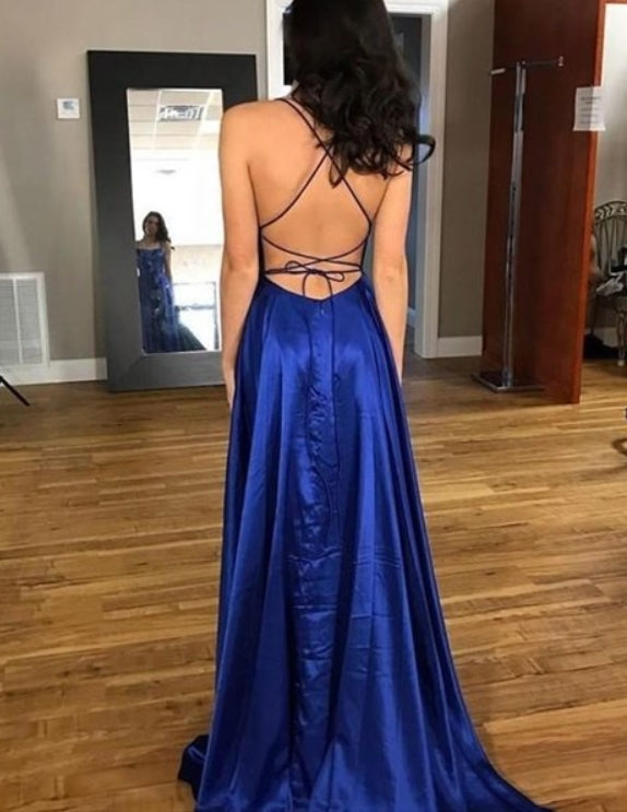 Royal Blue Halter Side Slit Sleeveless Open Back Long Evening Dress